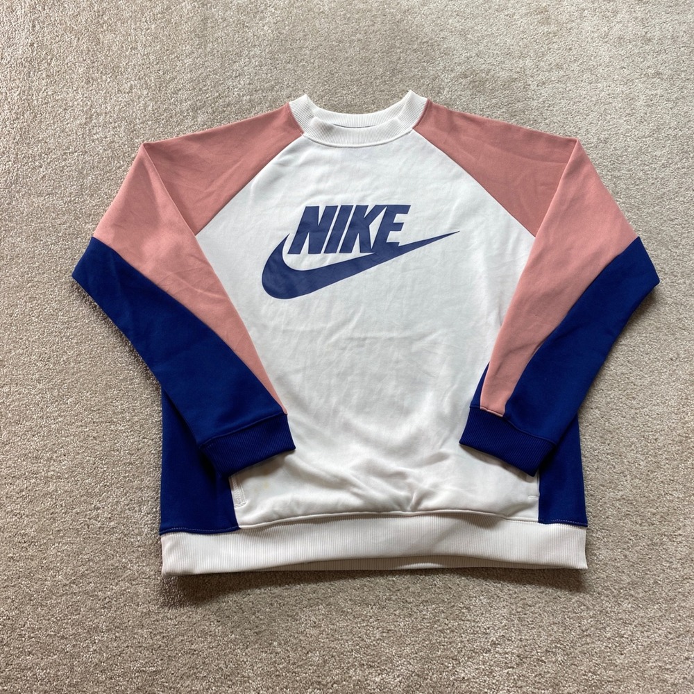 NIKE Crewneck Sweatshirt Mens Medium White Pink Blue Colorblock Logo
